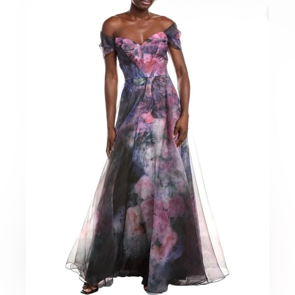 Rene Ruiz Multicolor Organza Off-Shoulder Gown